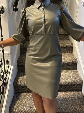 Leather Puff-Sleeve Mini Dress in Olive